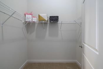 a walk in closet with white walls and a wire shelf